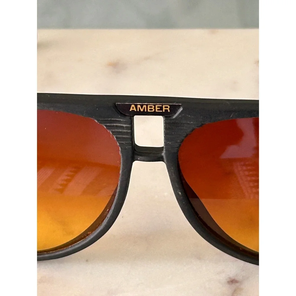 Vintage Ambervision Aviator Sunglasses Matte Black Frame Amber Lenses Taiwan